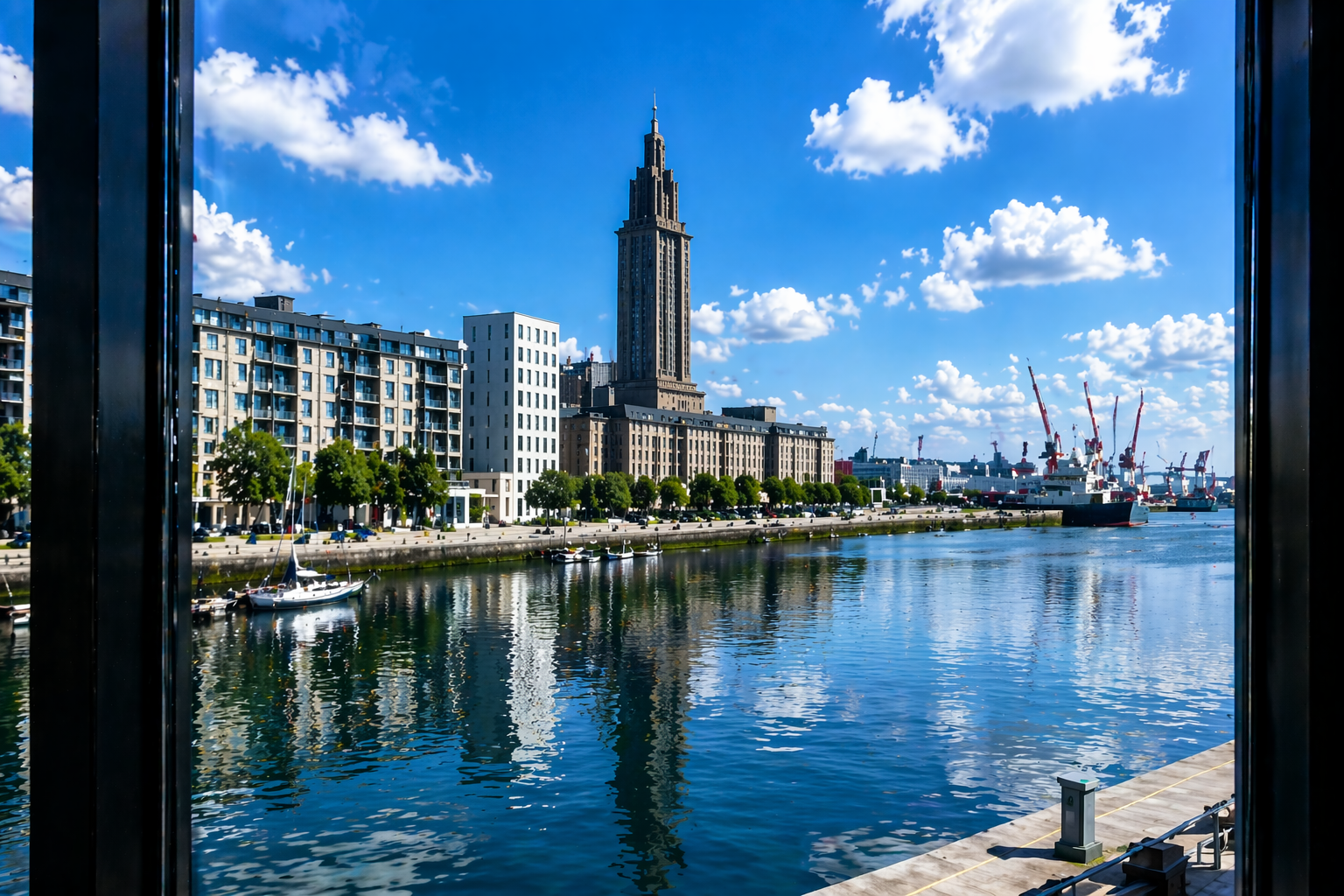 Vue sur le port du Havre à travers une vitre parfaitement propre